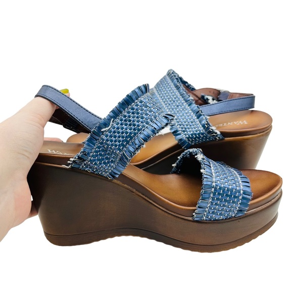 Vintage Fringe Woven Ankle Strap Open Toe Platform Wedge Sandal Navy Brown 8 - Picture 5 of 13